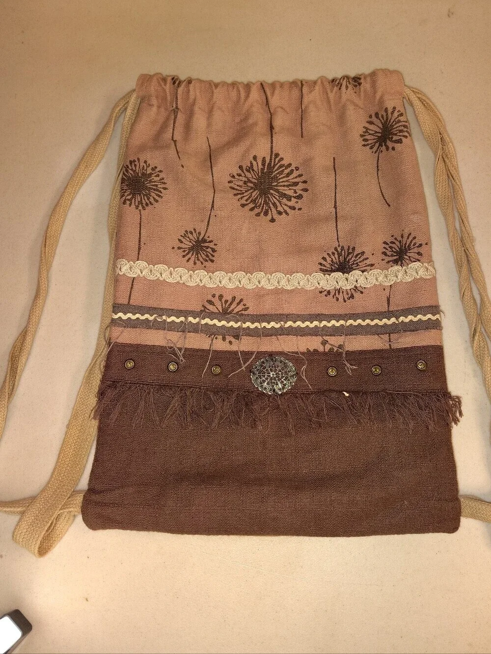VO-HO Boho Dandelion Drawstring Backpack – Mauve & Chocolate Cotton Linen Cinch